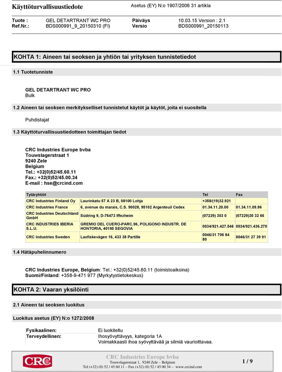 : +32(0)52/45.60.11 Fax.: +32(0)52/45.00.34 E-mail : hse@crcind.com Tytäryhtiöt Tel Fax CRC Industries Finland Oy Laurinkatu 57 A 23 B, 08100 Lohja +358/(19)32.