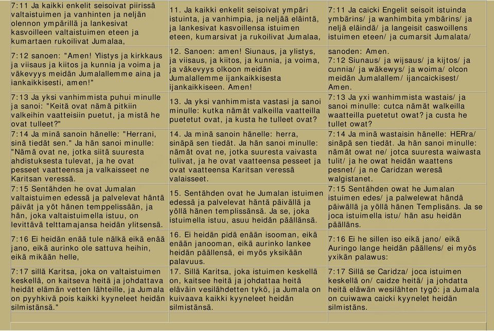 " 7:13 Ja yksi vanhimmista puhui minulle ja sanoi: "Keitä ovat nämä pitkiin valkeihin vaatteisiin puetut, ja mistä he ovat tulleet?" 7:14 Ja minä sanoin hänelle: "Herrani, sinä tiedät sen.