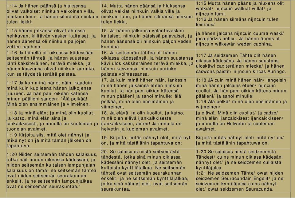 1:16 Ja hänellä oli oikeassa kädessään seitsemän tähteä, ja hänen suustaan lähti kaksiteräinen, terävä miekka, ja hänen kasvonsa olivat niinkuin aurinko, kun se täydeltä terältä paistaa.