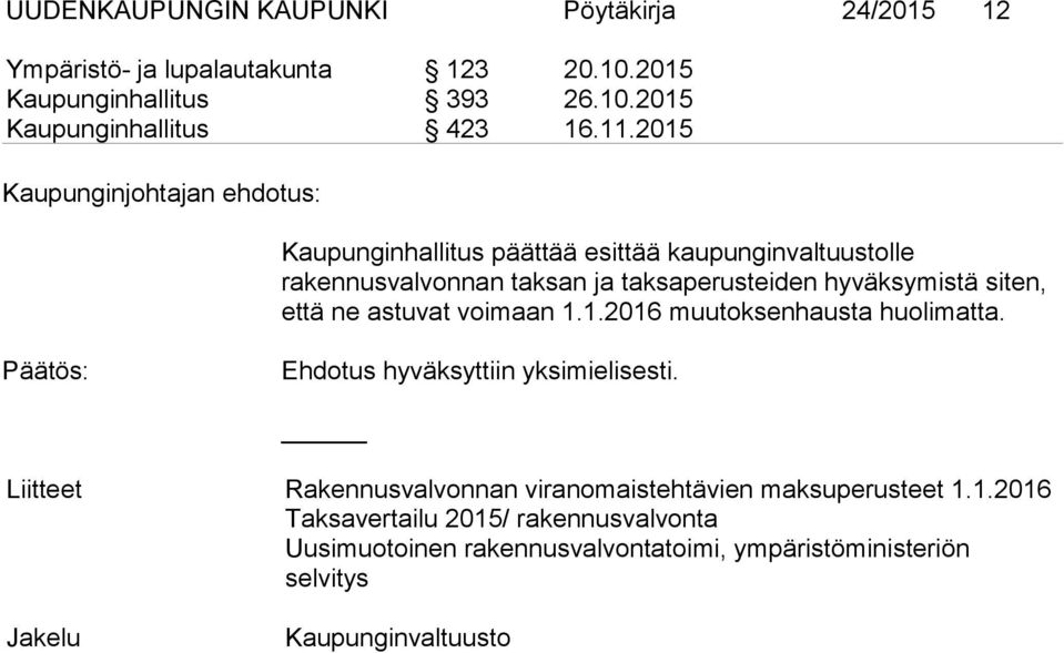 siten, että ne astuvat voimaan 1.1.2016 muutoksenhausta huolimatta. Ehdotus hyväksyttiin yksimielisesti.