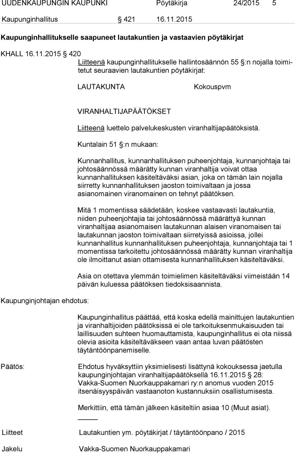 2015 420 Liitteenä kaupunginhallitukselle hallintosäännön 55 :n no jalla toimitetut seuraa vien lautakun tien pöytäki rjat: LAUTAKUNTA Kokouspvm Kaupunginjohtajan ehdotus: VIRANHALTIJAPÄÄTÖKSET