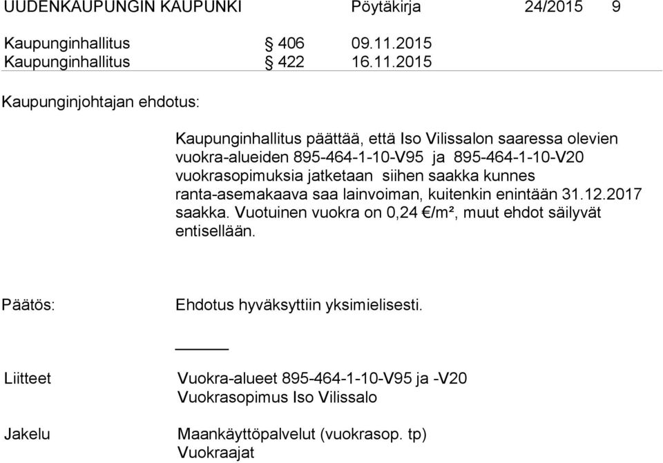 2015 Kaupunginjohtajan ehdotus: Kaupunginhallitus päättää, että Iso Vilissalon saaressa olevien vuokra-alueiden 895-464-1-10-V95 ja 895-464-1-10-V20