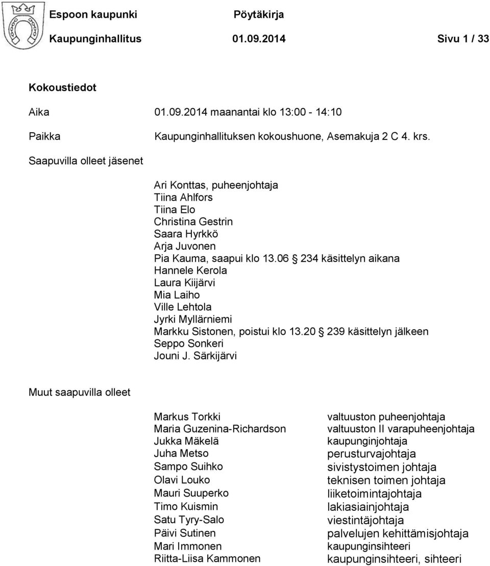 06 234 käsittelyn aikana Hannele Kerola Laura Kiijärvi Mia Laiho Ville Lehtola Jyrki Myllärniemi Markku Sistonen, poistui klo 13.20 239 käsittelyn jälkeen Seppo Sonkeri Jouni J.