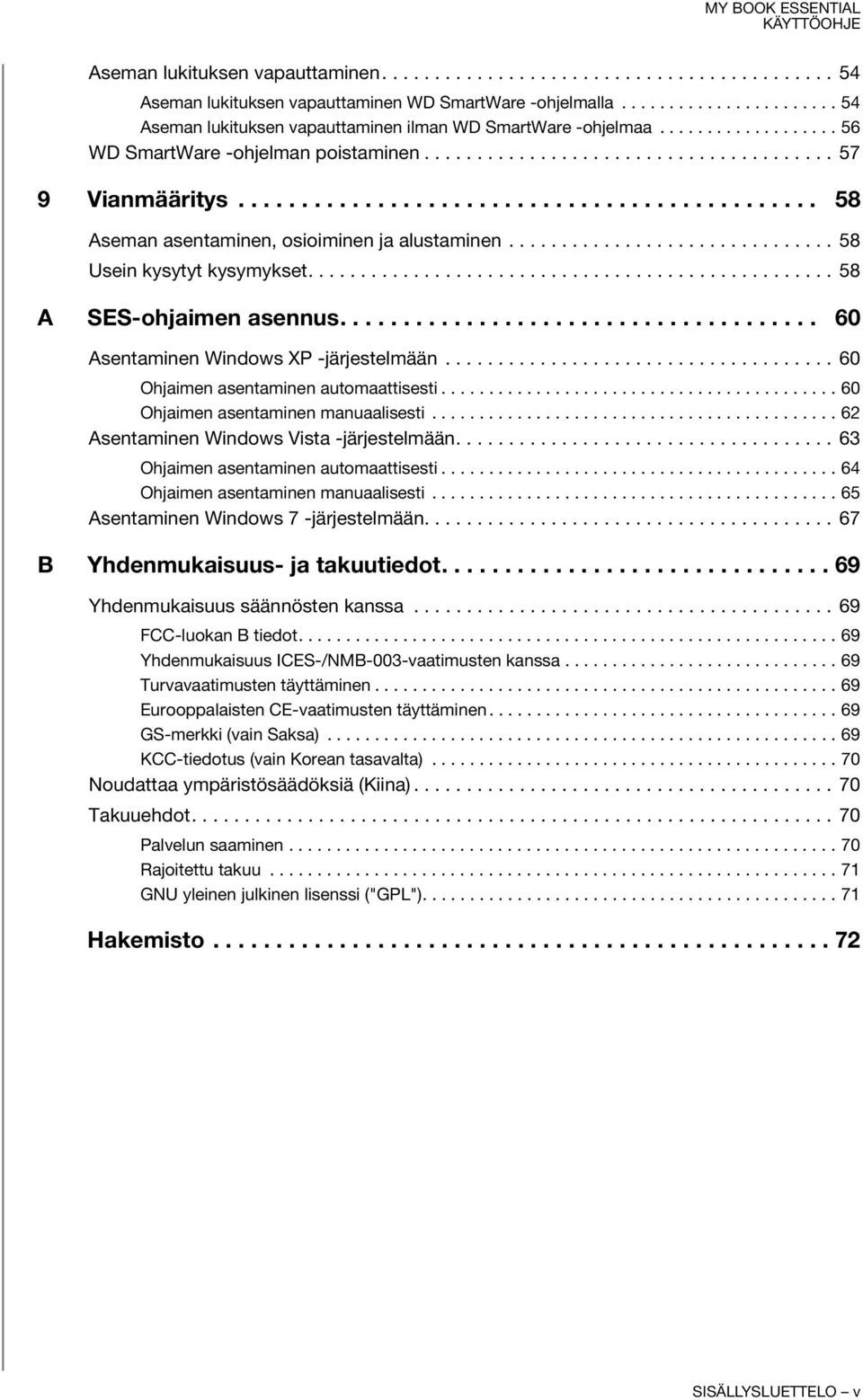 .............................. 58 Usein kysytyt kysymykset.................................................. 58 A SES-ohjaimen asennus...................................... 60 Asentaminen Windows XP -järjestelmään.