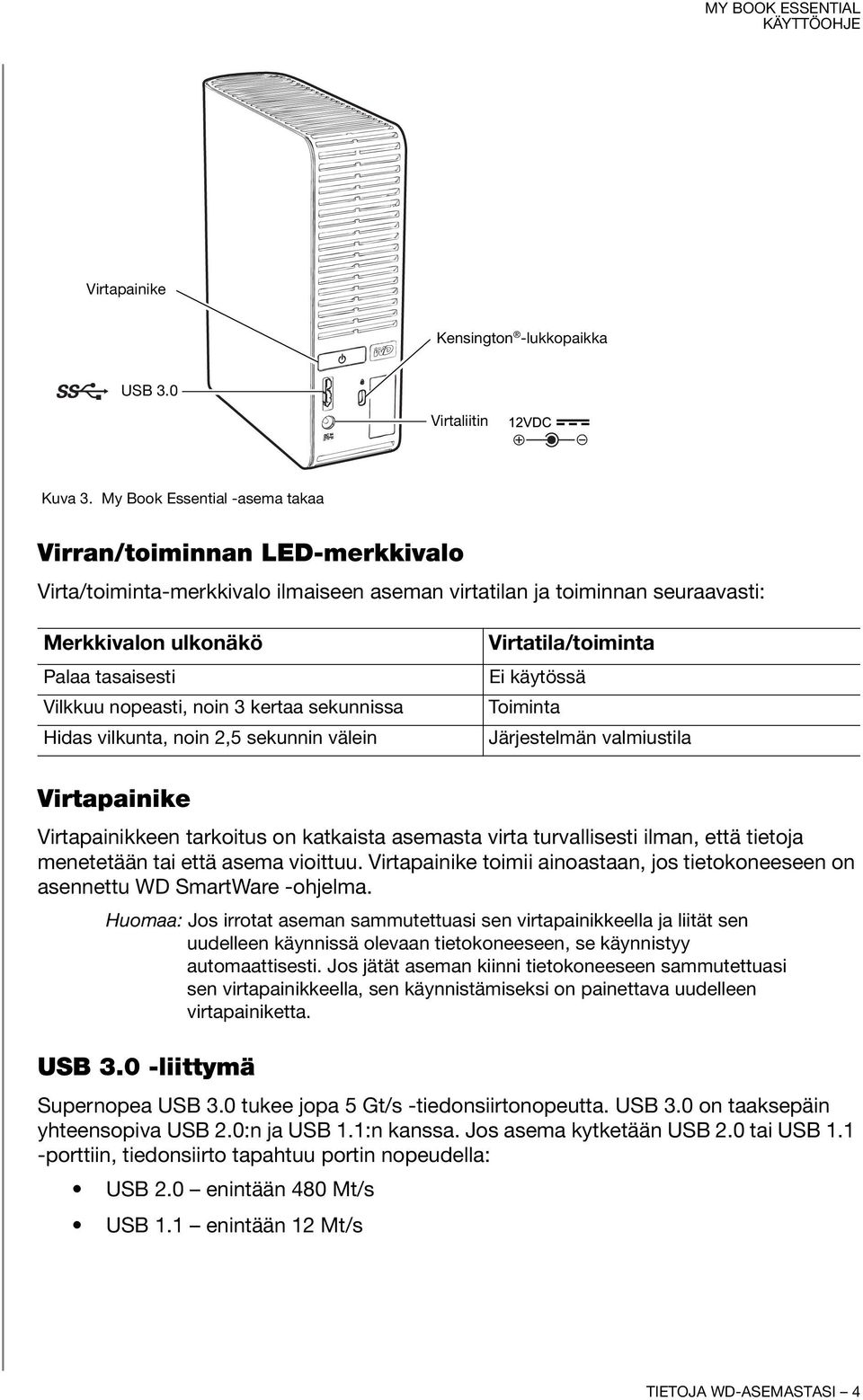 noin 3 kertaa sekunnissa Hidas vilkunta, noin 2,5 sekunnin välein Virtatila/toiminta Ei käytössä Toiminta Järjestelmän valmiustila Virtapainike Virtapainikkeen tarkoitus on katkaista asemasta virta