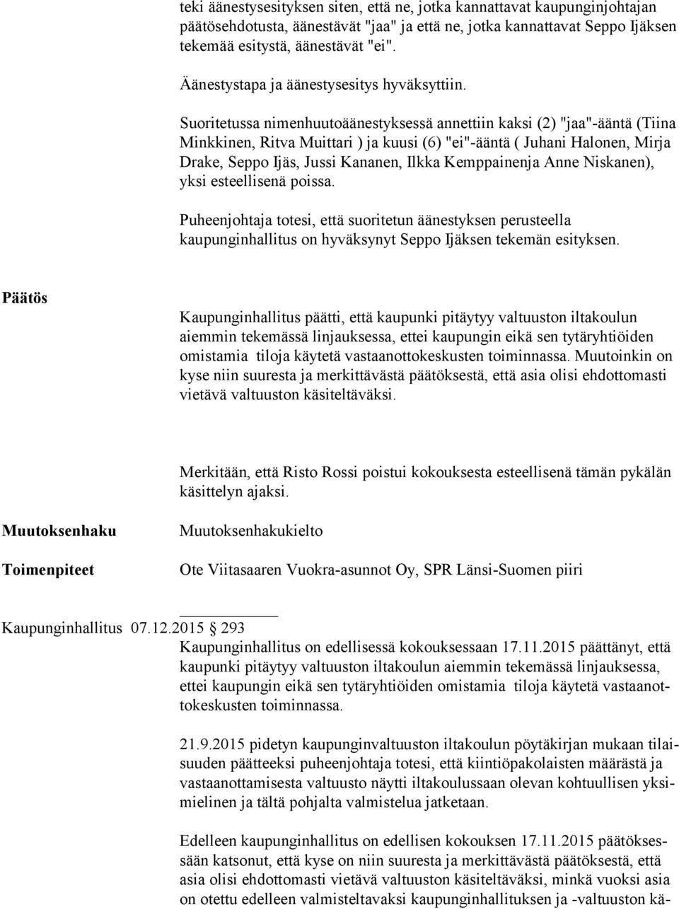 Suoritetussa nimenhuutoäänestyksessä annettiin kaksi (2) "jaa"-ääntä (Tiina Minkkinen, Ritva Muittari ) ja kuusi (6) "ei"-ääntä ( Juhani Halonen, Mirja Drake, Seppo Ijäs, Jussi Kananen, Ilkka