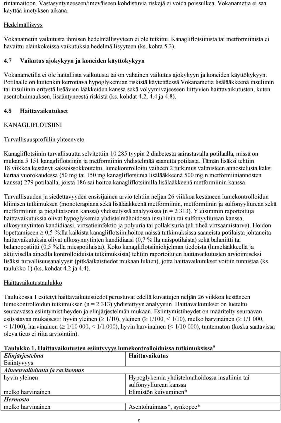 7 Vaikutus ajokykyyn ja koneiden käyttökykyyn Vokanametilla ei ole haitallista vaikutusta tai on vähäinen vaikutus ajokykyyn ja koneiden käyttökykyyn.