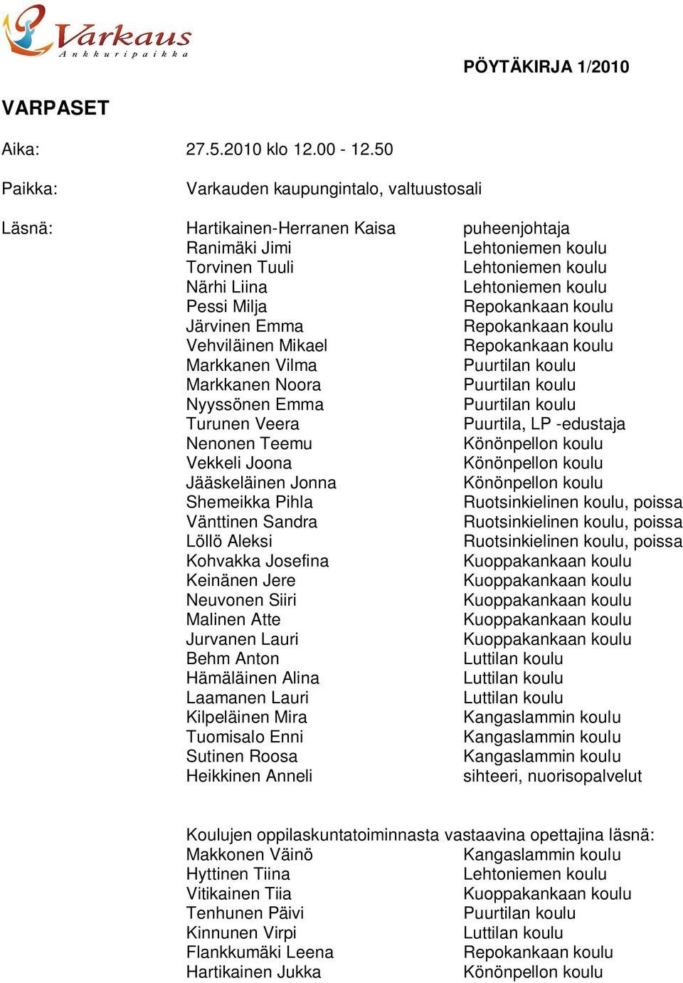 Markkanen Noora Nyyssönen Emma Turunen Veera Puurtila, LP -edustaja Nenonen Teemu Vekkeli Joona Jääskeläinen Jonna Shemeikka Pihla Vänttinen Sandra Löllö Aleksi Kohvakka Josefina Keinänen Jere