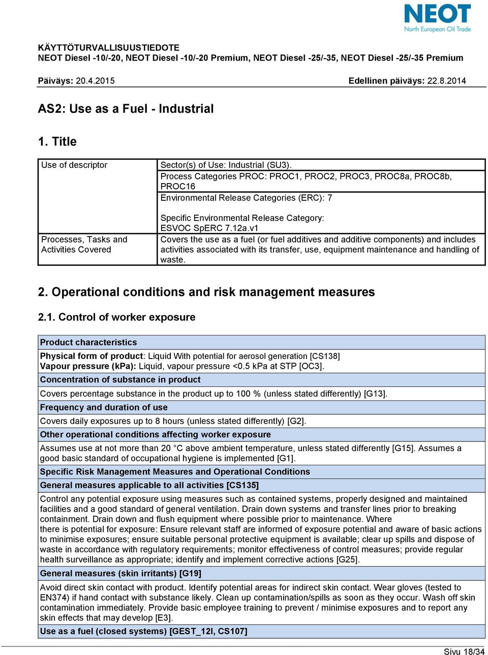 v1 Covers the use as a fuel (or fuel additives and additive components) and includes activities associated with its transfer, use, equipment maintenance and handling of waste. 2.