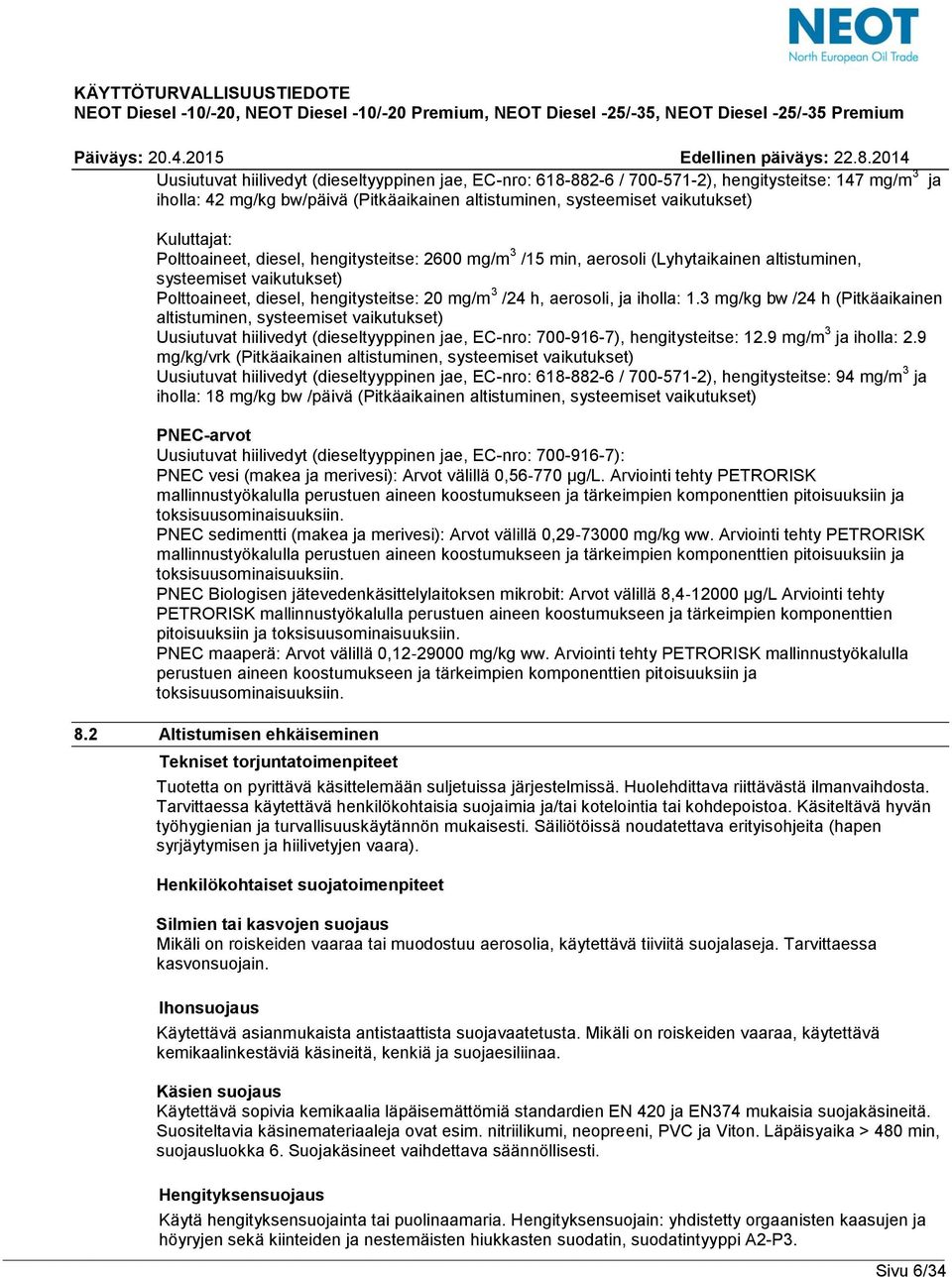 3 mg/kg bw /24 h (Pitkäaikainen altistuminen, systeemiset vaikutukset) Uusiutuvat hiilivedyt (dieseltyyppinen jae, EC-nro: 700-916-7), hengitysteitse: 12.9 mg/m 3 ja iholla: 2.