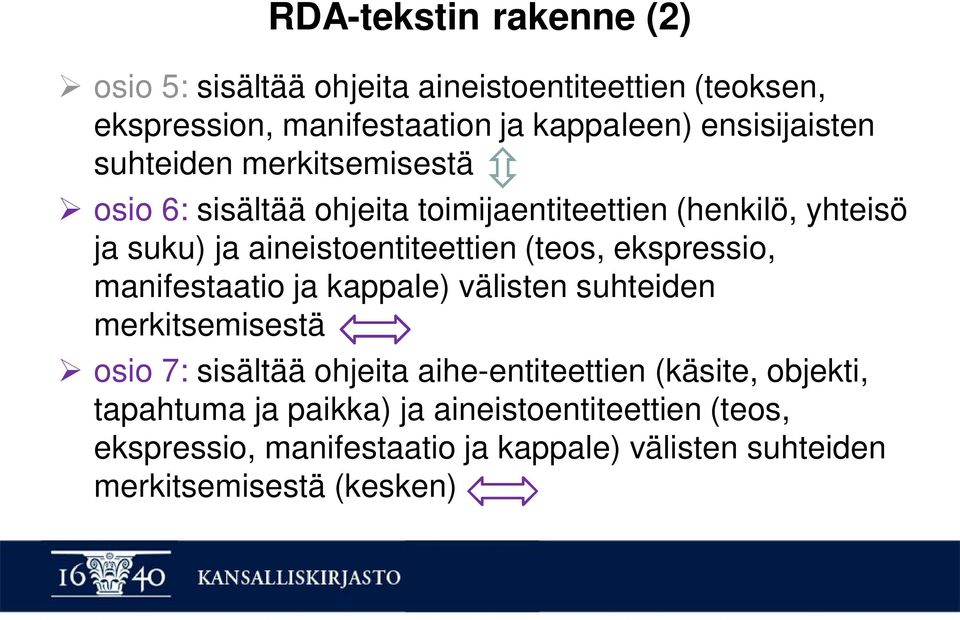 aineistoentiteettien (teos, ekspressio, manifestaatio ja kappale) välisten suhteiden merkitsemisestä osio 7: sisältää ohjeita