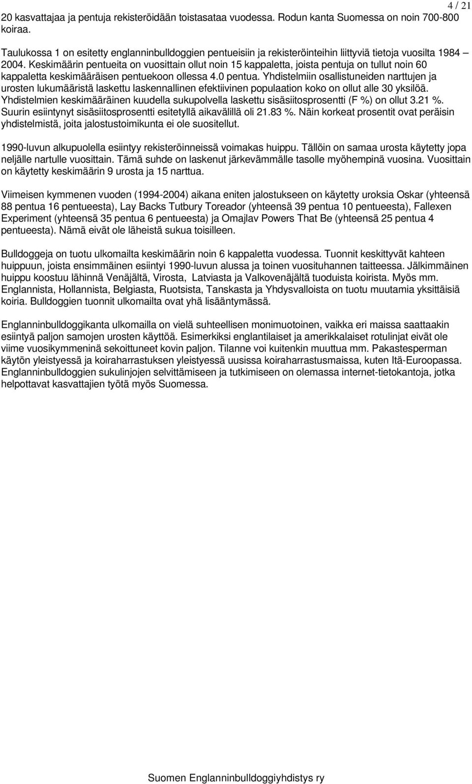 Keskimäärin pentueita on vuosittain ollut noin 15 kappaletta, joista pentuja on tullut noin 60 kappaletta keskimääräisen pentuekoon ollessa 4.0 pentua.