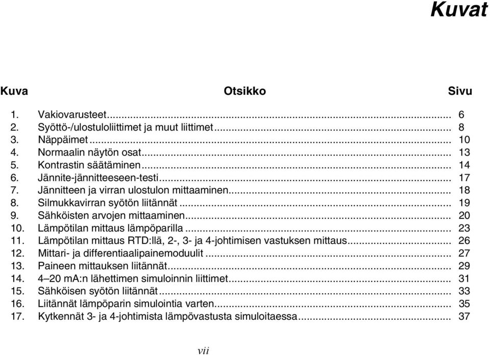 Lämpötilan mittaus lämpöparilla... 23 11. Lämpötilan mittaus RTD:llä, 2-, 3- ja 4-johtimisen vastuksen mittaus... 26 12. Mittari- ja differentiaalipainemoduulit... 27 13.