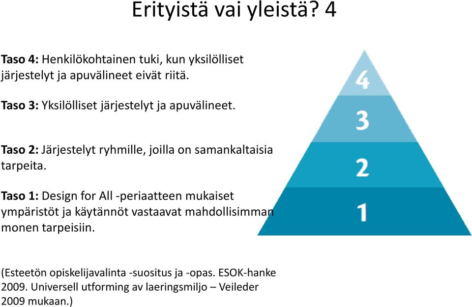 Taso 1: Design for All -periaatteen mukaiset ympäristöt ja käytännöt vastaavat mahdollisimman monen tarpeisiin.