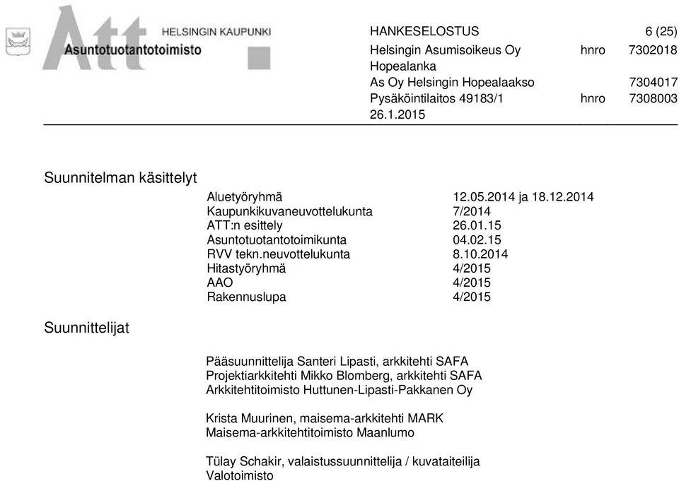 2014 Hitastyöryhmä 4/2015 AAO 4/2015 Rakennuslupa 4/2015 Suunnittelijat Pääsuunnittelija Santeri Lipasti, arkkitehti SAFA Projektiarkkitehti
