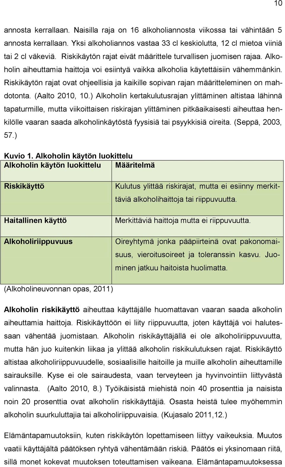 Riskikäytön rajat ovat ohjeellisia ja kaikille sopivan rajan määritteleminen on mahdotonta. (Aalto 2010, 10.