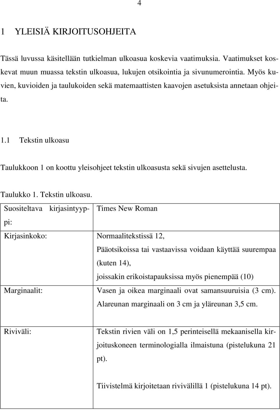 Taulukko 1. Tekstin ulkoasu.