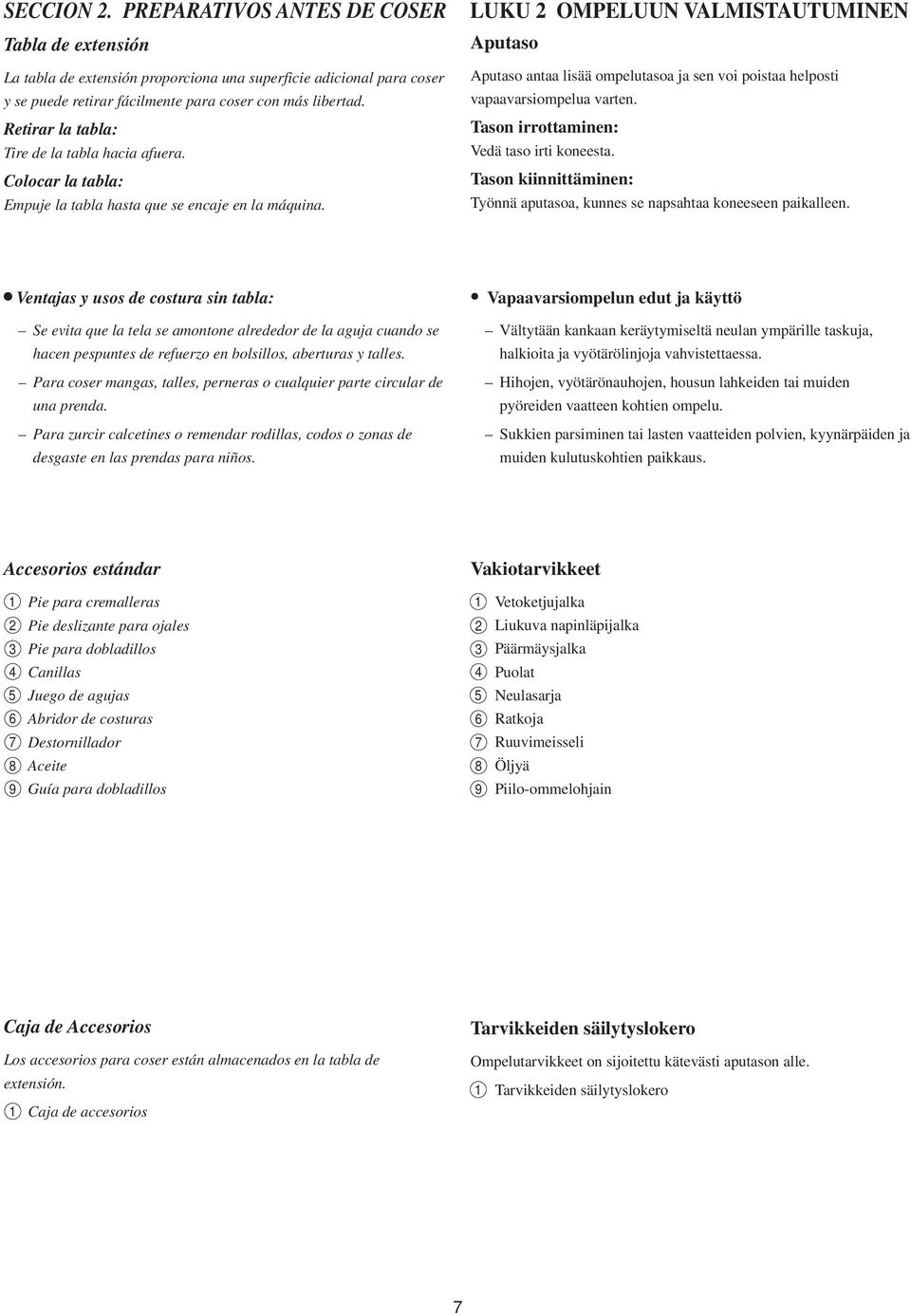 LUKU OMPELUUN VALMISTAUTUMINEN Aputaso Aputaso antaa lisää ompelutasoa ja sen voi poistaa helposti vapaavarsiompelua varten. Tason irrottaminen: Vedä taso irti koneesta.
