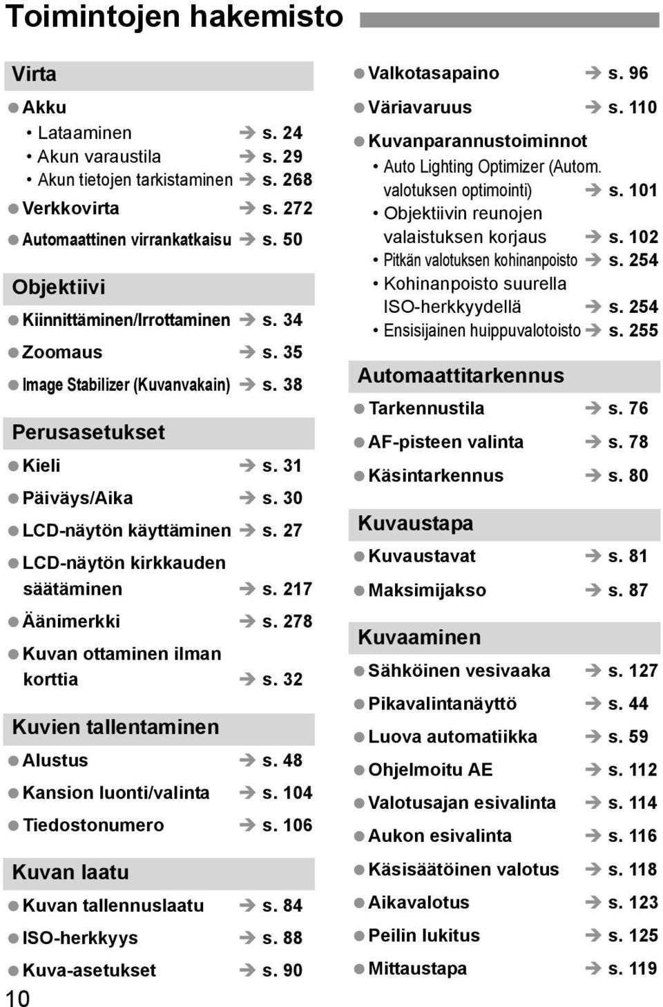 278 Kuvan ottaminen ilman orttia s. 32 Kuvien tallentaminen Alustus s. 48 Kansion luonti/valinta s. 104 Tiedostonumero s. 106 Kuvan laatu Kuvan tallennuslaatu s. 84 ISO-heryys s. 88 Kuva-asetuset s.