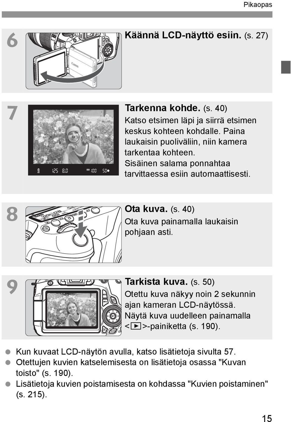 40) Ota uva painamalla lauaisin pohjaan asti. 9 Tarista uva. (s. 50) Otettu uva näyy noin 2 seunnin ajan ameran LCD-näytössä.