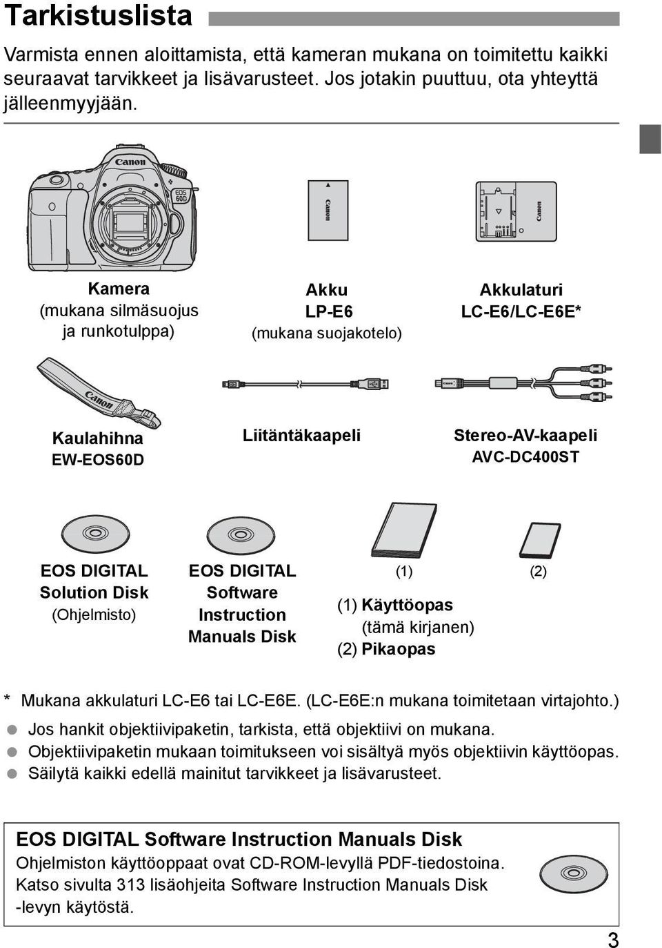 DIGITAL Software Instruction Manuals Dis (1) (2) (1) Käyttöopas (tämä irjanen) (2) Piaopas * Muana aulaturi LC-E6 tai LC-E6E. (LC-E6E:n muana toimitetaan virtajohto.