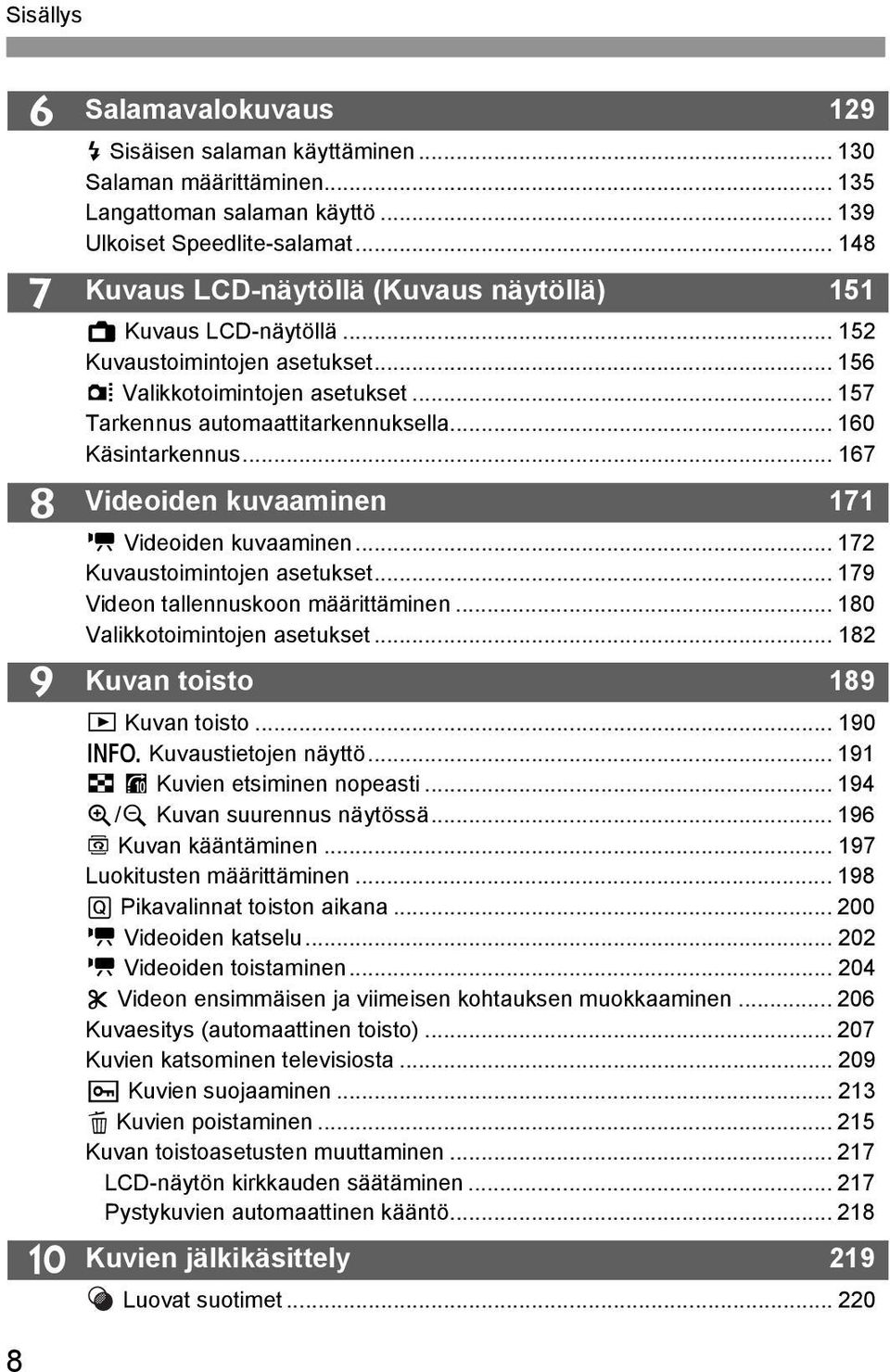 .. 167 Videoiden uvaaminen 171 Videoiden uvaaminen... 172 Kuvaustoimintojen asetuset... 179 Videon tallennusoon määrittäminen... 180 Valiotoimintojen asetuset... 182 Kuvan toisto 189 x Kuvan toisto.