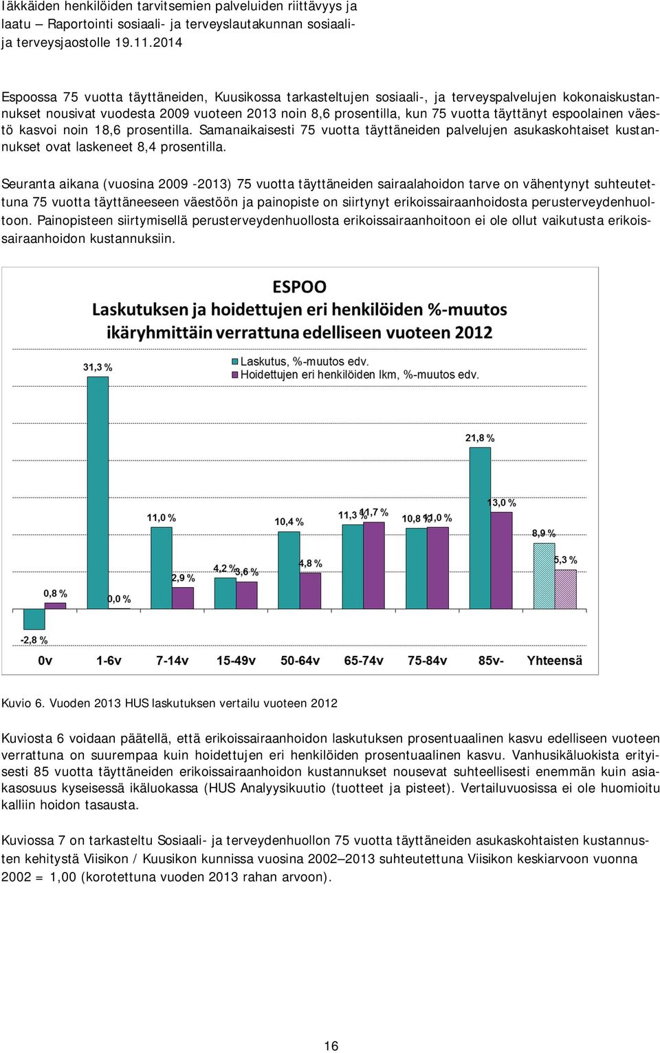 Seuranta aikana (vuosina 2009-2013) 75 vuotta täyttäneiden sairaalahoidon tarve on vähentynyt suhteutettuna 75 vuotta täyttäneeseen väestöön ja painopiste on siirtynyt erikoissairaanhoidosta