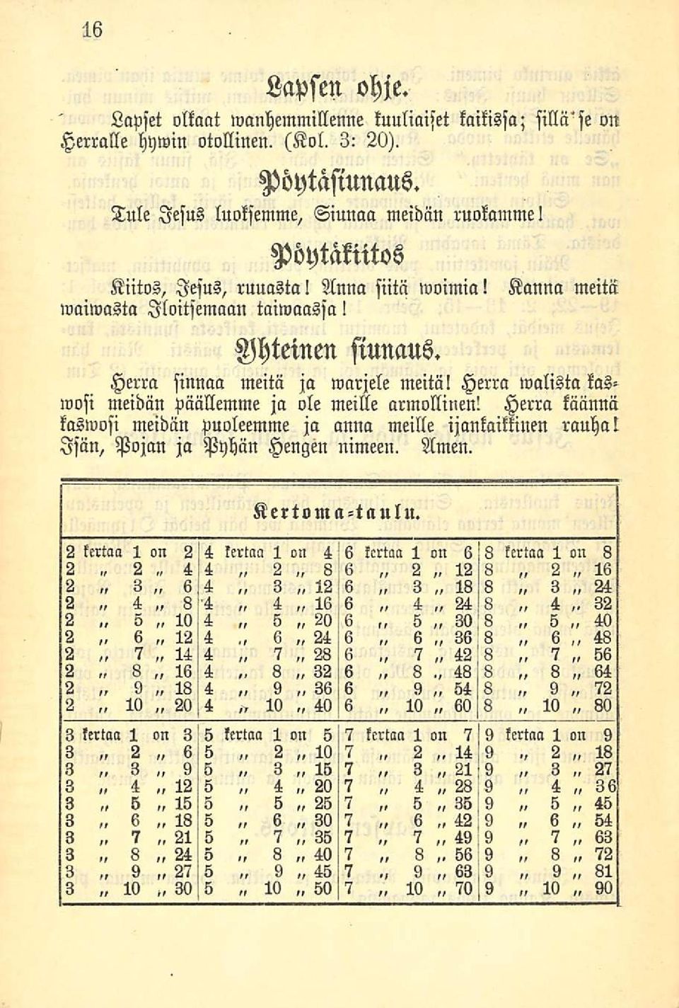 Herra walista kasinosi meidän päällemme ja ole meille armollinen! Herra käännä kaswosi meidän puoleemme ja anna meille ijankaikkinen rauha! Isän, Pojan ja Pyhän Hengen nimeen. Amen. Kertoma-taulu.