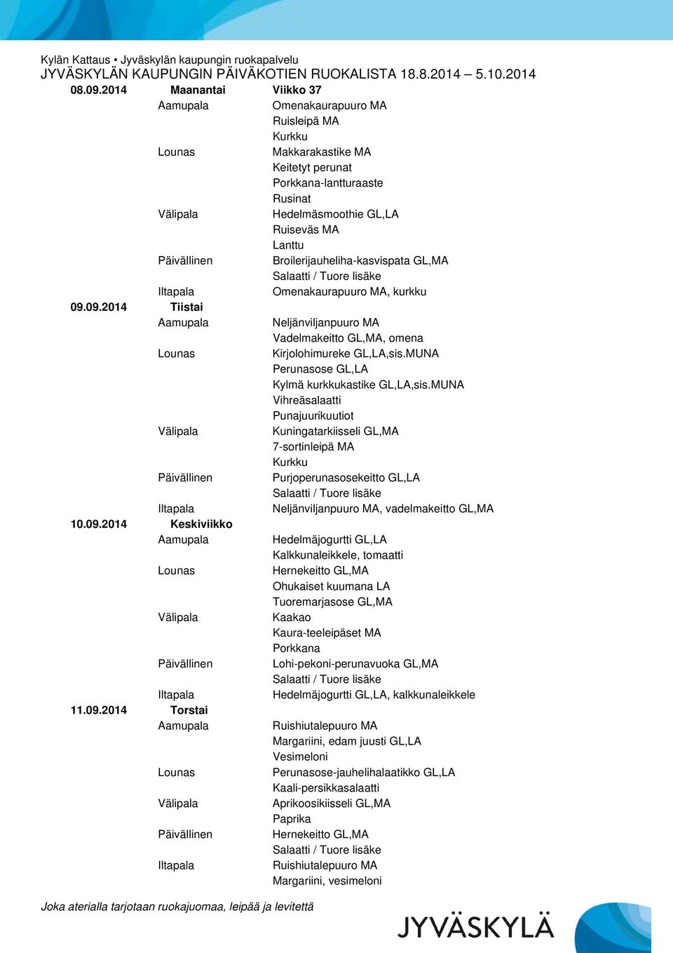 2014 Keskiviikko Hedelmäjogurtti GL,LA Kalkkunaleikkele, tomaatti Hernekeitto GL,MA Ohukaiset kuumana LA Tuoremarjasose GL,MA Kaakao Kaura-teeleipäset MA Lohi-pekoni-perunavuoka GL,MA Hedelmäjogurtti