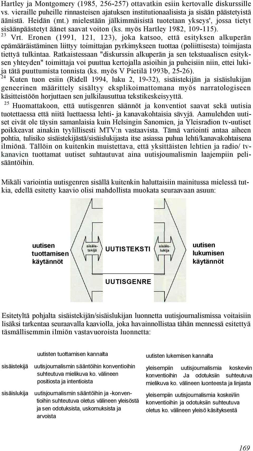 Eronen (1991, 121, 123), joka katsoo, että esityksen alkuperän epämääräistäminen liittyy toimittajan pyrkimykseen tuottaa (poliittisesta) toimijasta tiettyä tulkintaa.