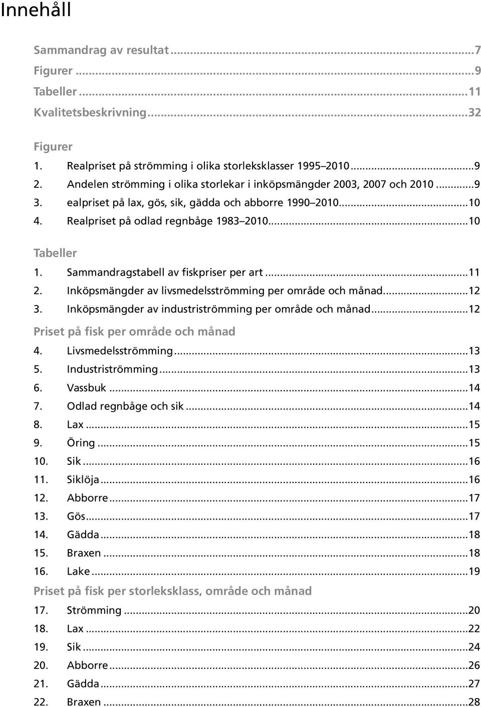 Sammandragstabell av fiskpriser per art...11 2. Inköpsmängder av livsmedelsströmming per område och månad...12 3. Inköpsmängder av industriströmming per område och månad.