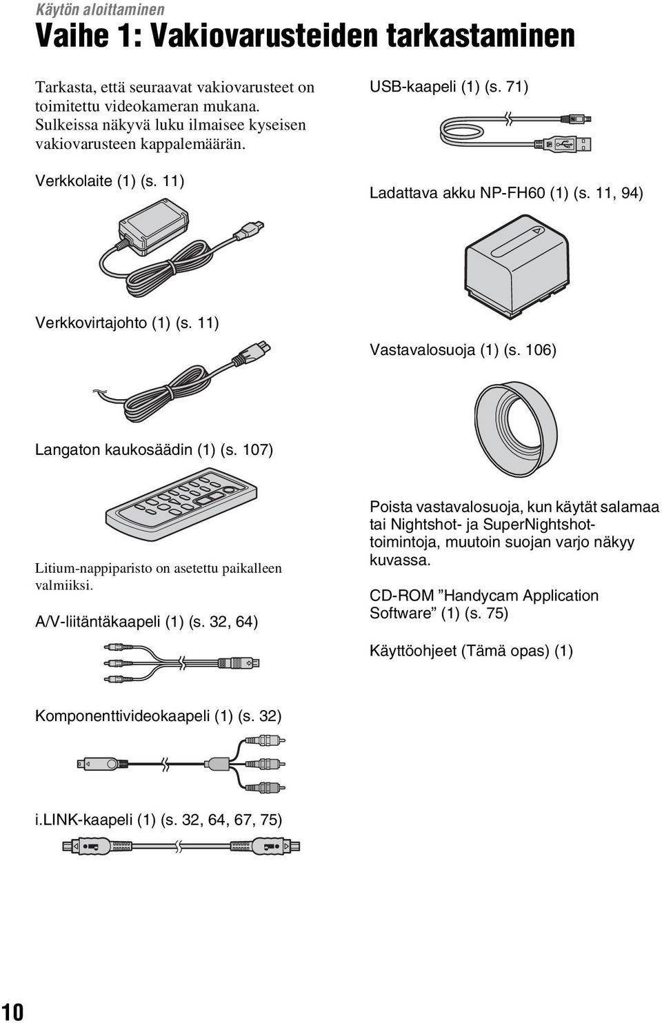 11) Vastavalosuoja (1) (s. 106) Langaton kaukosäädin (1) (s. 107) Litium-nappiparisto on asetettu paikalleen valmiiksi. A/V-liitäntäkaapeli (1) (s.