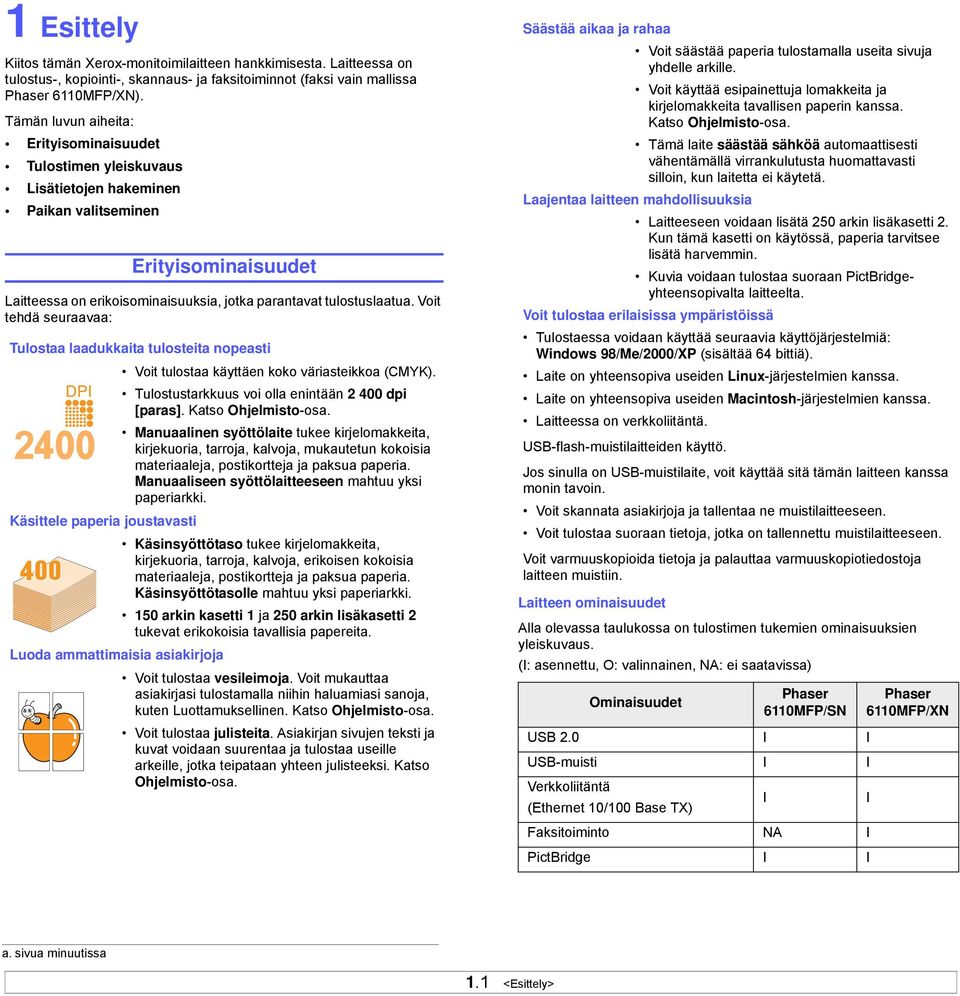 Voit tehdä seuraavaa: Tulostaa laadukkaita tulosteita nopeasti Voit tulostaa käyttäen koko väriasteikkoa (CMYK). Tulostustarkkuus voi olla enintään 2 400 dpi [paras]. Katso Ohjelmisto-osa.