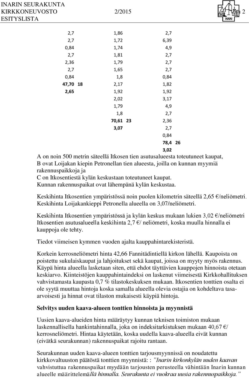 C on Itkosentiestä kylän keskustaan toteutuneet kaupat. Kunnan rakennuspaikat ovat lähempänä kylän keskustaa. Keskihinta Itkosentien ympäristössä noin puolen kilometrin säteellä 2,65 /neliömetri.