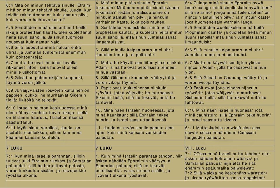 6:6 Sillä laupeutta minä haluan enkä uhria, ja Jumalan tuntemista enemmän kuin polttouhreja; 6:7 mutta he ovat ihmisten tavalla rikkoneet liiton: siinä he ovat olleet minulle uskottomat.