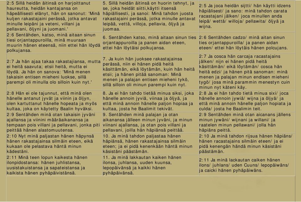 2:7 Ja hän ajaa takaa rakastajiansa, mutta ei heitä saavuta; etsii heitä, mutta ei löydä. Ja hän on sanova: 'Minä menen takaisin entisen mieheni luokse, sillä parempi oli minulla olo silloin kuin nyt.