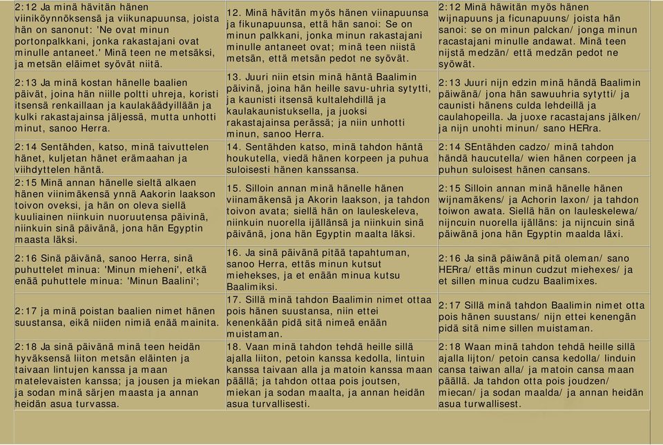 2:13 Ja minä kostan hänelle baalien päivät, joina hän niille poltti uhreja, koristi itsensä renkaillaan ja kaulakäädyillään ja kulki rakastajainsa jäljessä, mutta unhotti minut, sanoo Herra.