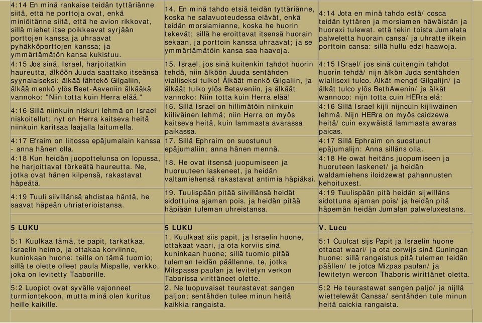 4:15 Jos sinä, Israel, harjoitatkin haureutta, älköön Juuda saattako itseänsä syynalaiseksi: älkää lähtekö Gilgaliin, älkää menkö ylös Beet-Aaveniin älkääkä vannoko: "Niin totta kuin Herra elää.