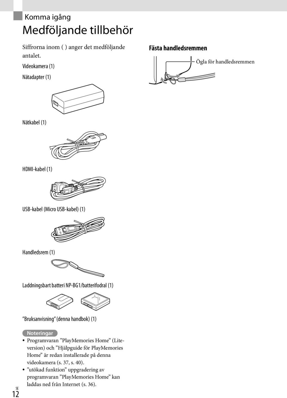 Handledsrem (1) Laddningsbart batteri NP-BG1/batterifodral (1) Bruksanvisning (denna handbok) (1) 12 SE Noteringar Programvaran PlayMemories