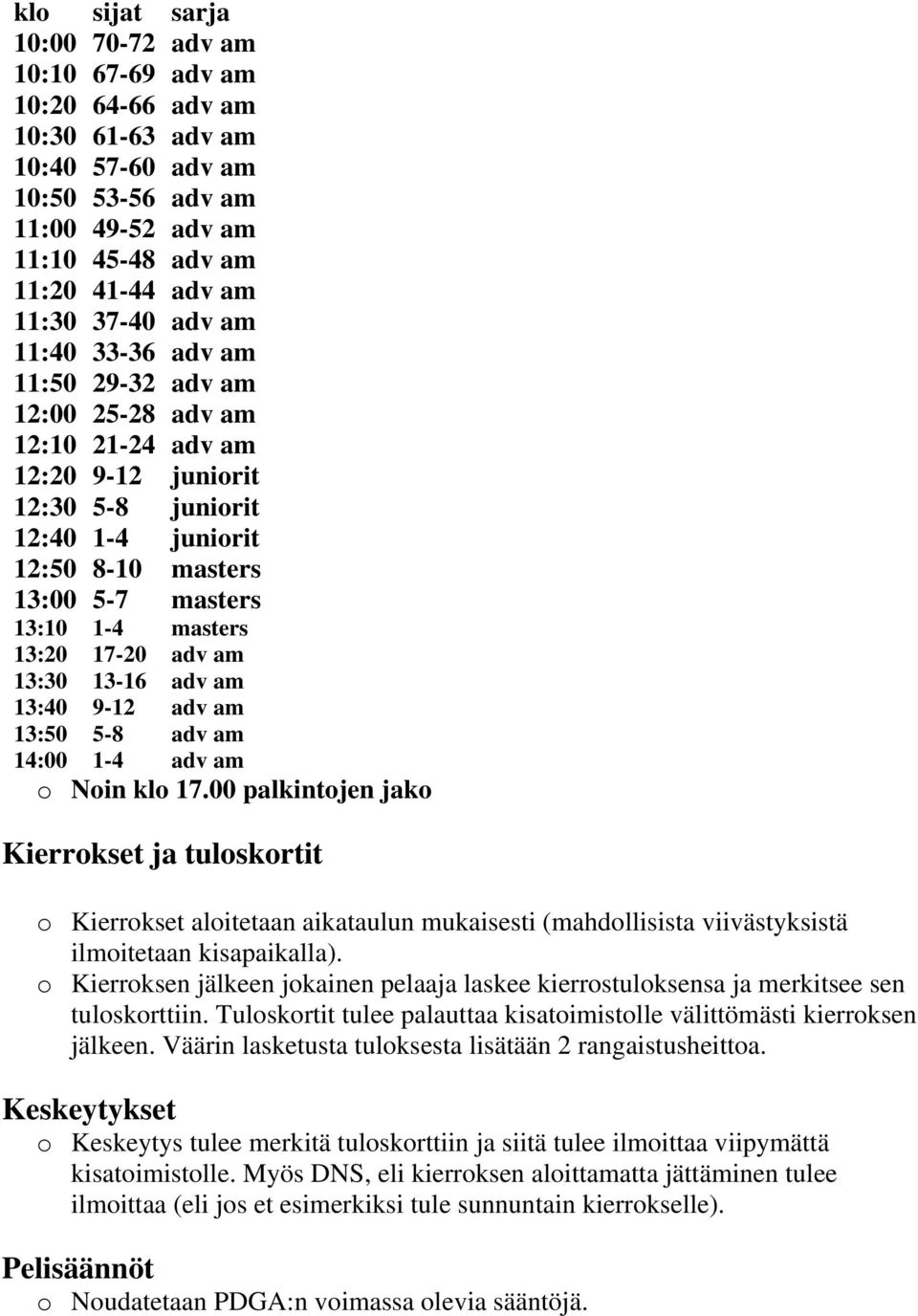 13:20 17-20 adv am 13:30 13-16 adv am 13:40 9-12 adv am 13:50 5-8 adv am 14:00 1-4 adv am o Noin klo 17.