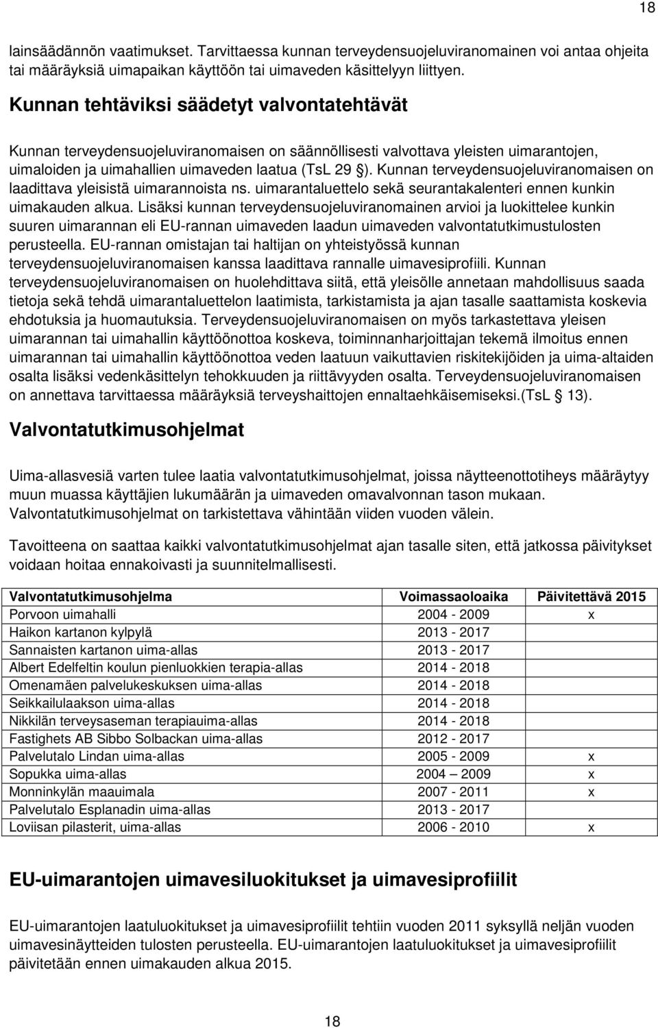 Kunnan terveydensuojeluviranomaisen on laadittava yleisistä uimarannoista ns. uimarantaluettelo sekä seurantakalenteri ennen kunkin uimakauden alkua.