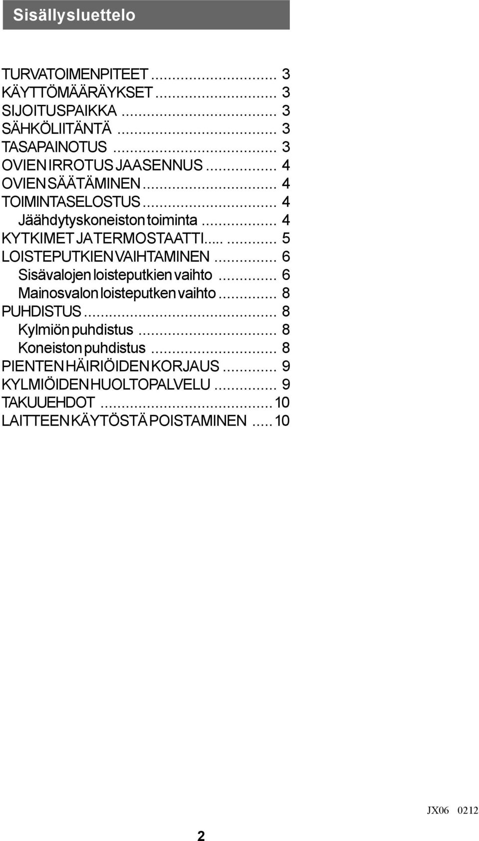 ..... 5 LOISTEPUTKIEN VAIHTAMINEN... 6 Sisävalojen loisteputkien vaihto... 6 Mainosvalon loisteputken vaihto... 8 PUHDISTUS.