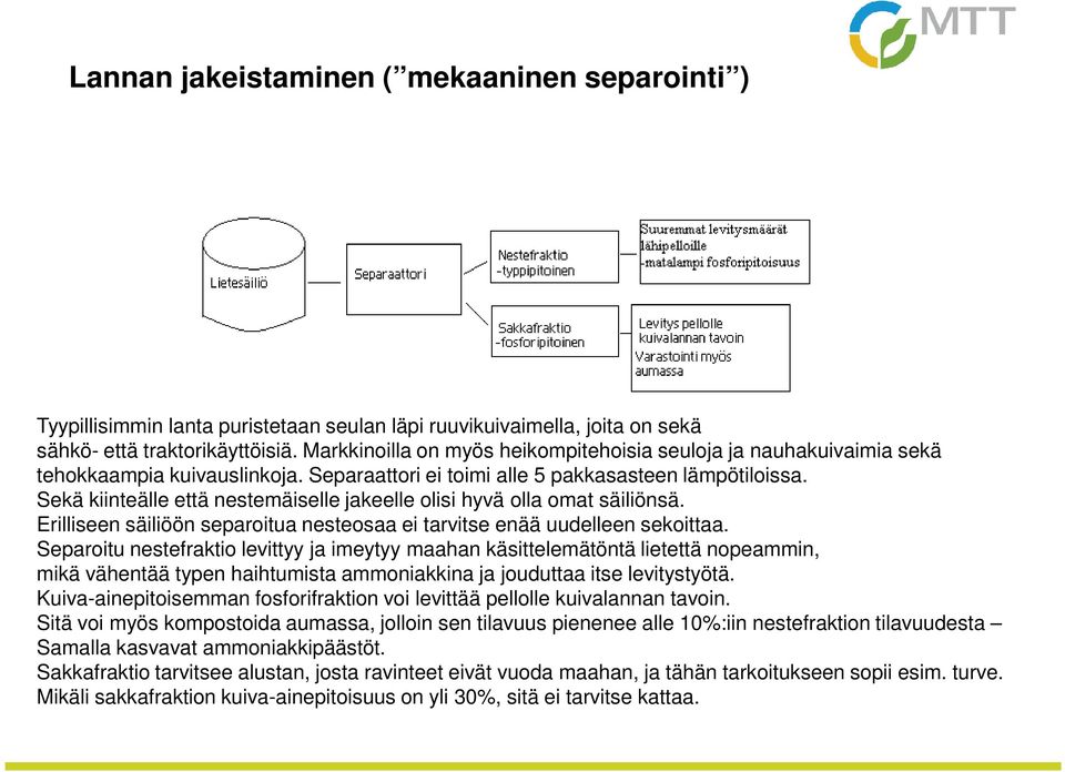 Sekä kiinteälle että nestemäiselle jakeelle olisi hyvä olla omat säiliönsä. Erilliseen säiliöön separoitua nesteosaa ei tarvitse enää uudelleen sekoittaa.