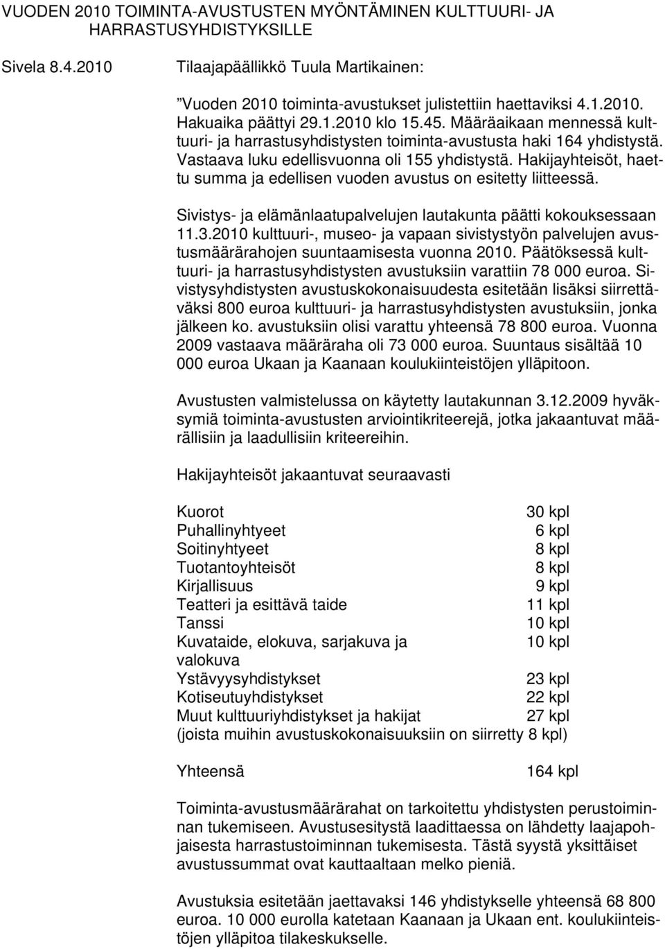 Hakijayhteisöt, haettu summa ja edellisen vuoden avustus on esitetty liitteessä. Sivistys- ja elämänlaatupalvelujen lautakunta päätti kokouksessaan 11.3.