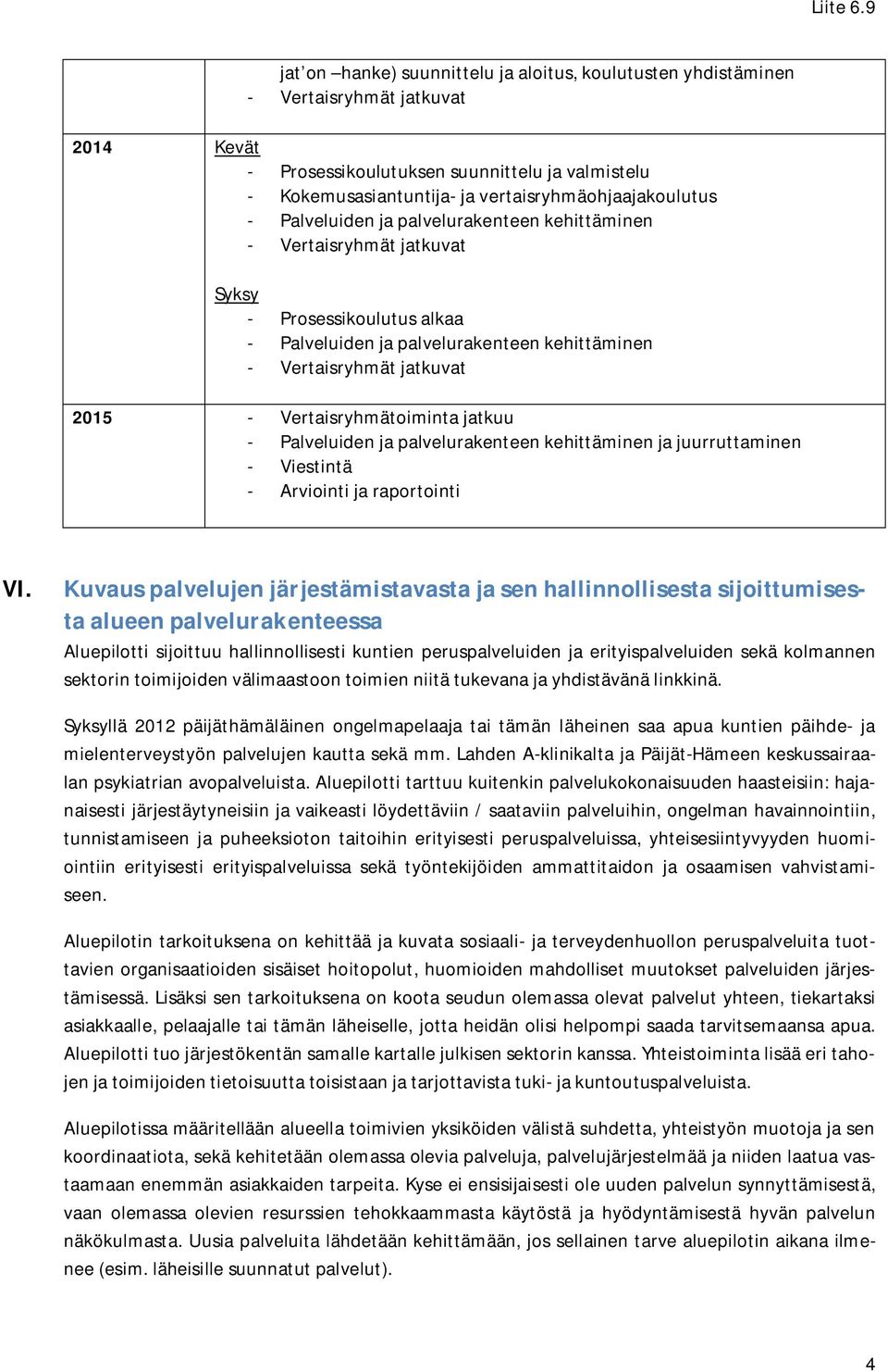 jatkuvat 2015 - Vertaisryhmätoiminta jatkuu - Palveluiden ja palvelurakenteen kehittäminen ja juurruttaminen - Viestintä - Arviointi ja raportointi VI.