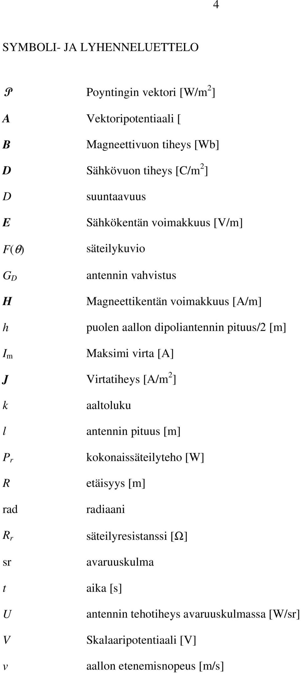 pituus/ [m] Maksimi virta [A] J Virtatiheys [A/m ] k l P r rad r sr t U V v aaltoluku antennin pituus [m] kokonaissäteilyteho [W] etäisyys [m]