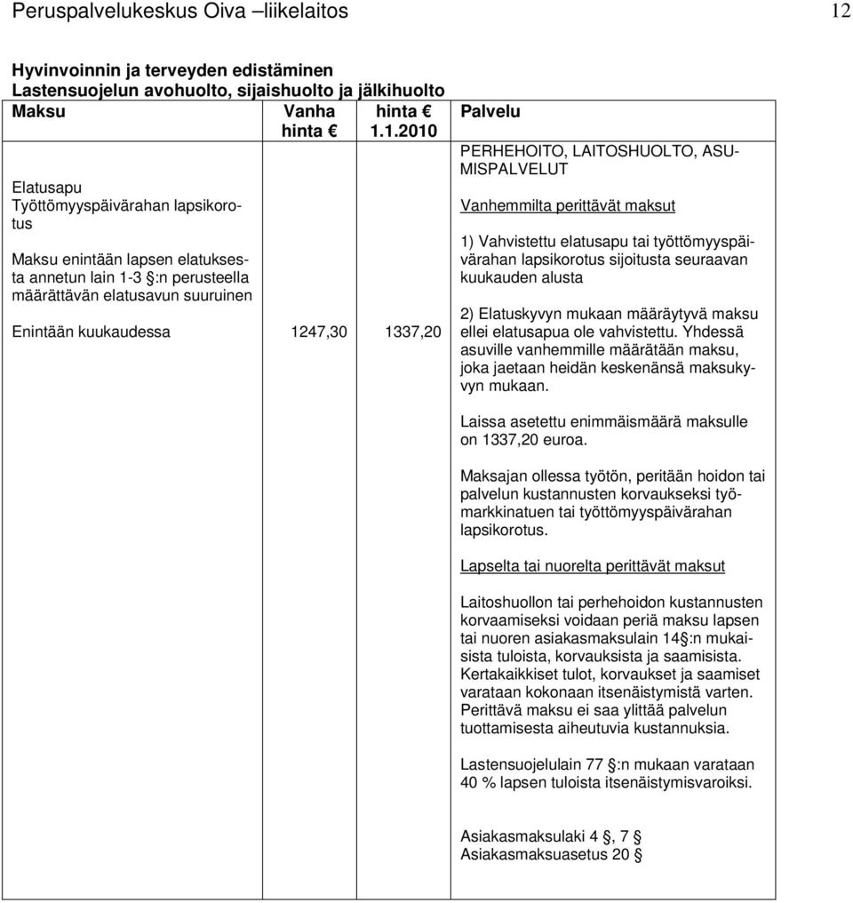 1.2010 Elatusapu Työttömyyspäivärahan lapsikorotus enintään lapsen elatuksesta annetun lain 1-3 :n perusteella määrättävän elatusavun suuruinen Enintään kuukaudessa 1247,30 1337,20 PERHEHOITO,