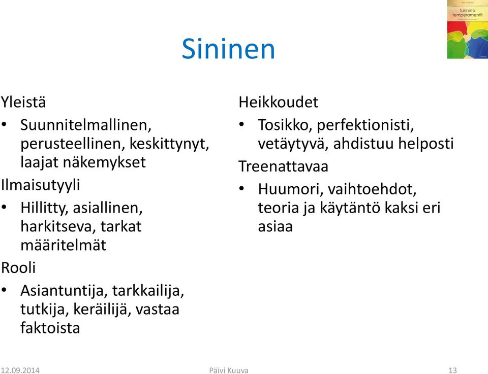 keräilijä, vastaa faktoista Heikkoudet Tosikko, perfektionisti, vetäytyvä, ahdistuu helposti