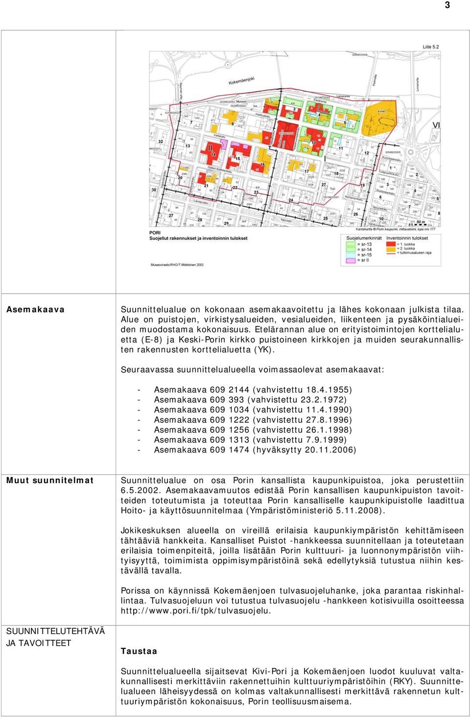 Seuraavassa suunnittelualueella voimassaolevat asemakaavat: - Asemakaava 609 2144 (vahvistettu 18.4.1955) - Asemakaava 609 393 (vahvistettu 23.2.1972) - Asemakaava 609 1034 (vahvistettu 11.4.1990) - Asemakaava 609 1222 (vahvistettu 27.