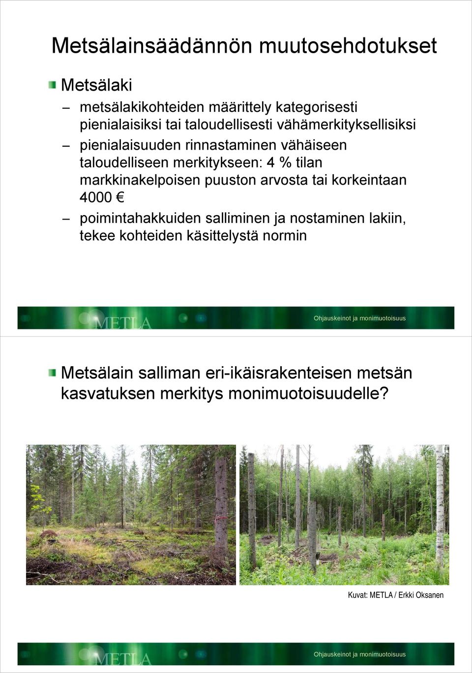 markkinakelpoisen puuston arvosta tai korkeintaan 4000 poimintahakkuiden salliminen ja nostaminen lakiin, tekee kohteiden